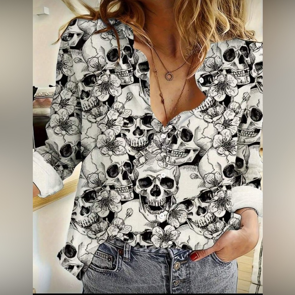 Floral Skull Print Top Blouse Button Down UP Shirt 👻